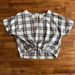 Plaid tie front blouse
